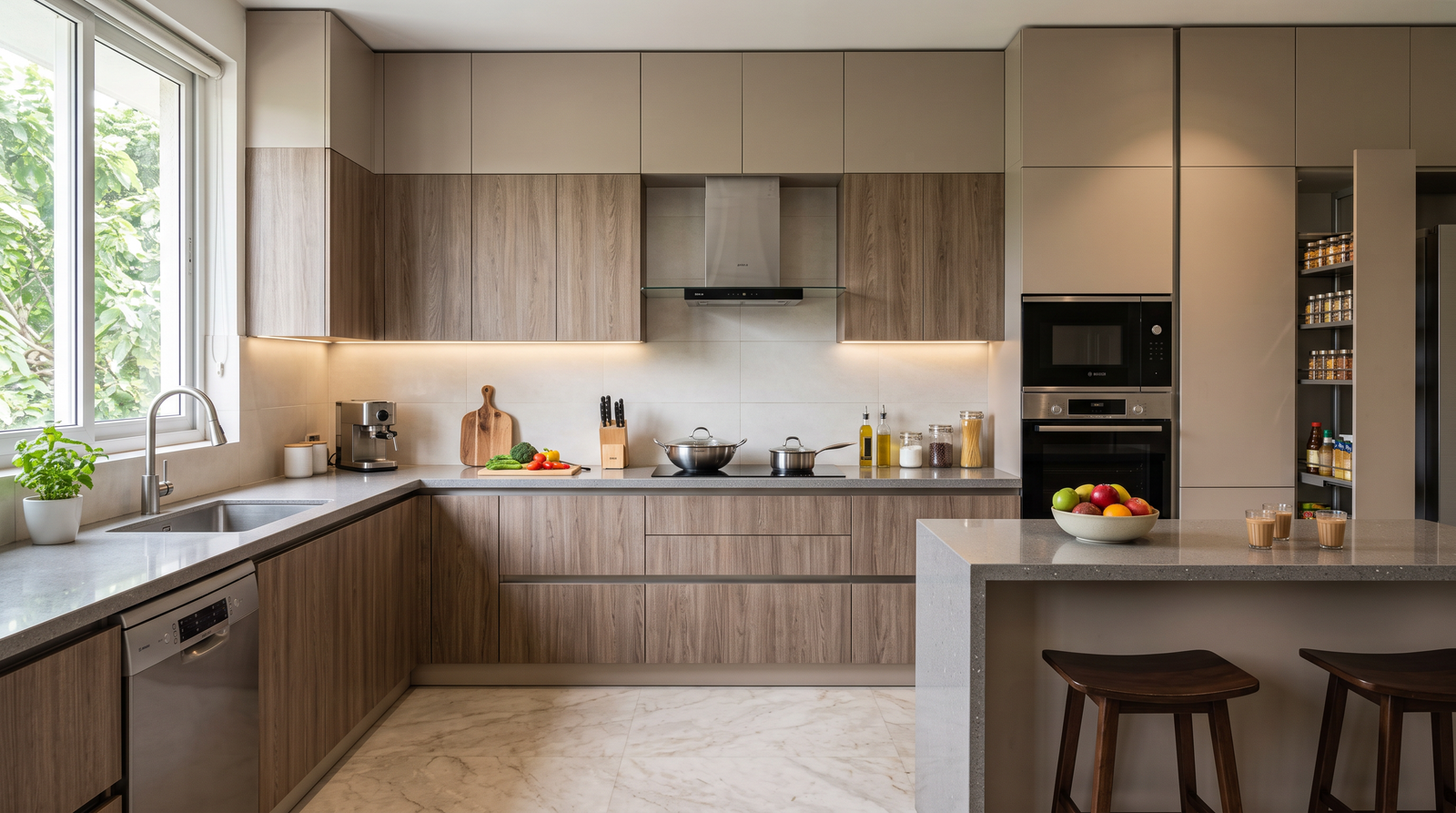 Kitchen workflow moving between preparation, cooking and cleaning zones