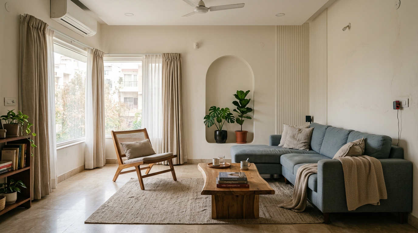 Living room furniture arranged to fit the space